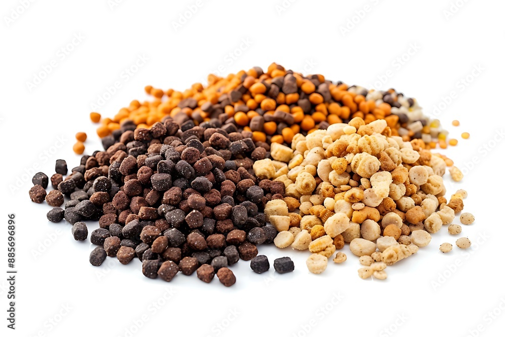 Some granules of pet food isolated on white background, side view Some granules of pet food isolated on white background, side view