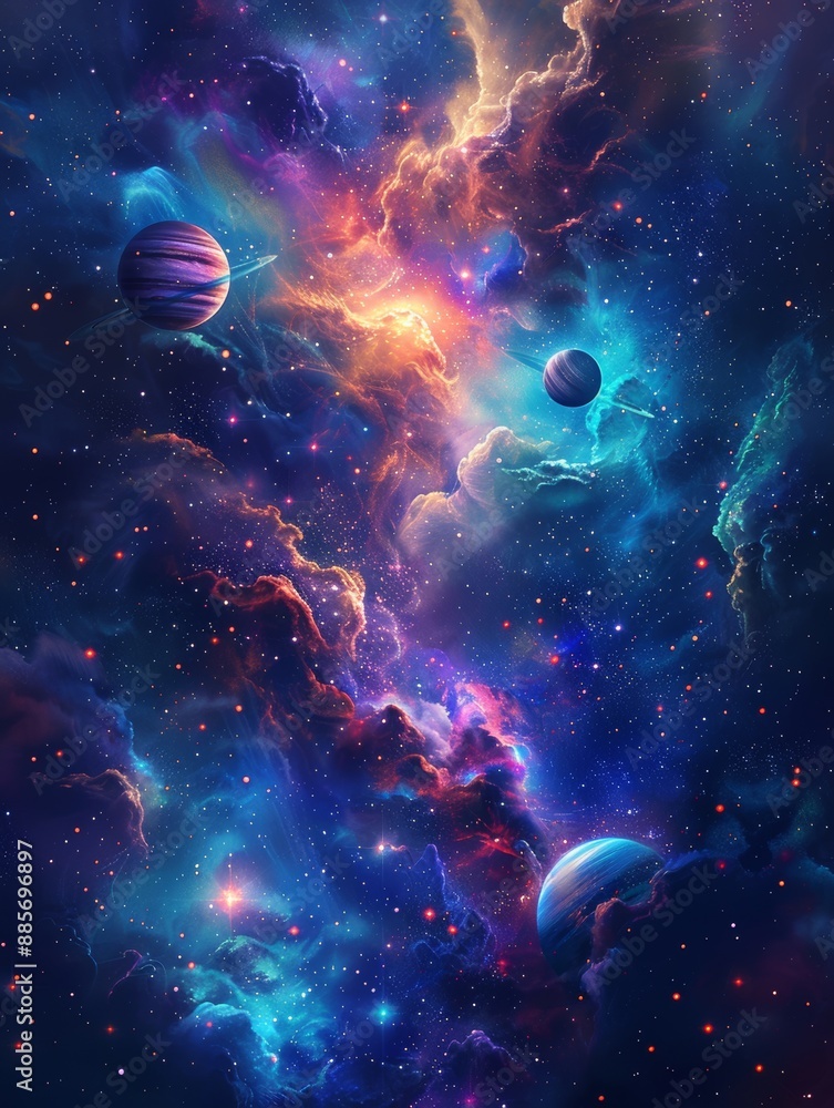 a cosmic scene, featuring planets, stars, and a glowing nebula a cosmic scene, featuring planets, stars, and a glowing nebula