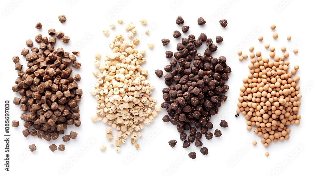 Some granules of pet food isolated on white background, top view Some granules of pet food isolated on white background, top view