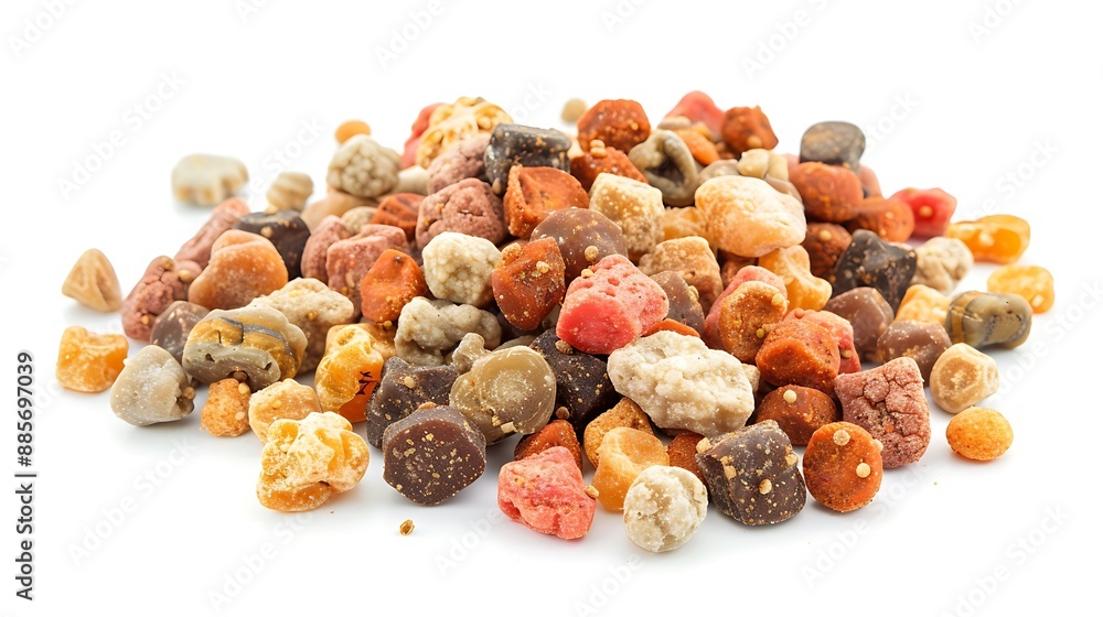 Some granules of pet food isolated on white background, side view Some granules of pet food isolated on white background, side view