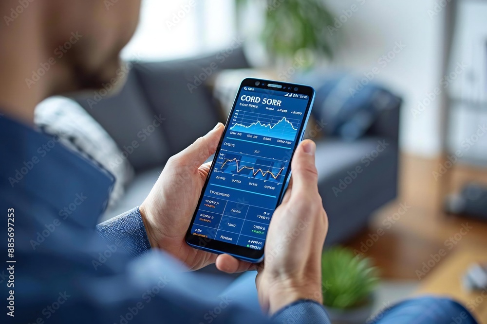 man holding a smartphone showing a credit score application on the screen with various financial data and ratings displayed. man holding a smartphone showing a credit score application on the screen with various financial data and ratings displayed.