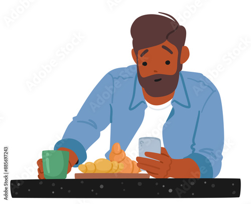 Man Using His Smartphone While Having Breakfast Alone. Character Holding A Cup And Sitting At A Table