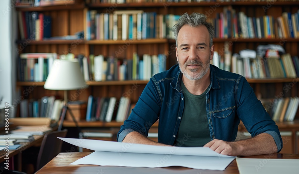 Man Reviewing Papers in Library Man Reviewing Papers in Library