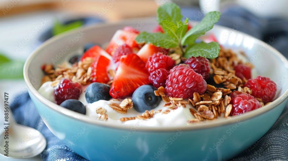 Vibrant Breakfast Bowl with Fresh Berries, Greek Yogurt, Granola, and Mint Garnish Vibrant Breakfast Bowl with Fresh Berries, Greek Yogurt, Granola, and Mint Garnish
