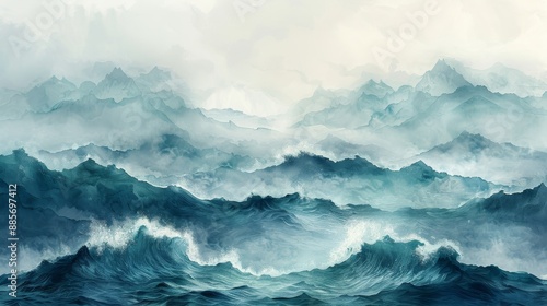 An abstract art landscape art banner design with a watercolor texture modern. A banner with marine concept. A blue and green brush stroke texture with a Japanese ocean wave pattern in a vintage