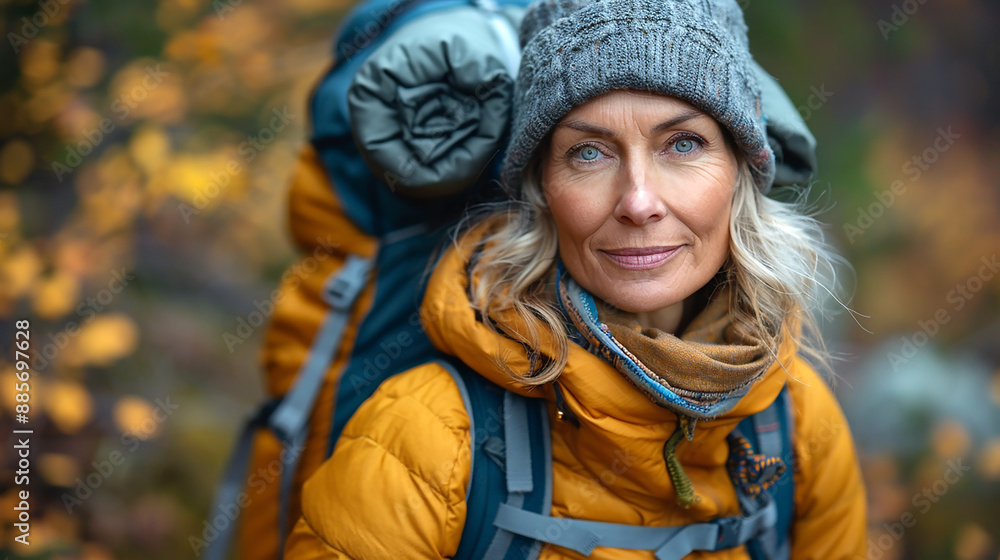Traveller senior lady hiker with backpack looking at camera Traveller senior lady hiker with backpack looking at camera