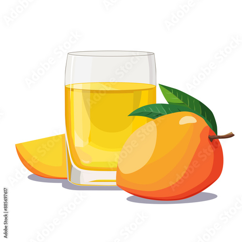 Full glass of yellow freshly and healthy squeezed mango juice isolated on white background. Vector illustration in flat style with tropical drink. Summer clipart for card, banner, flyer, poster design
