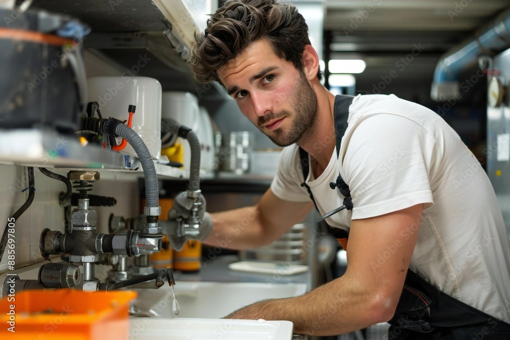 young male plumber working on fixing a sink in a bathroom, showcasing his professional and skilled plumbing services. young male plumber working on fixing a sink in a bathroom, showcasing his professional and skilled plumbing services.