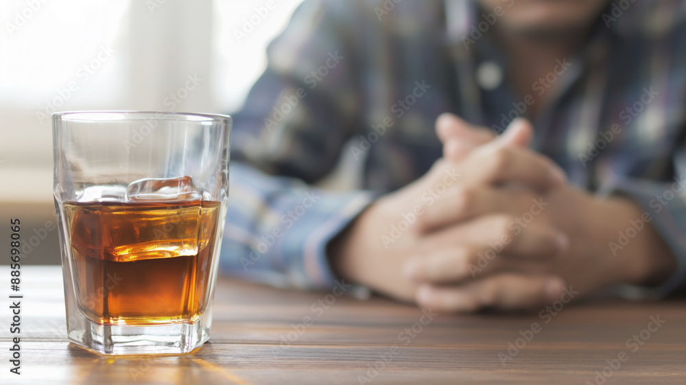 Glass of whiskey with ice on wooden table with person in background. Scene captures reflective and contemplative moment Glass of whiskey with ice on wooden table with person in background. Scene captures reflective and contemplative moment