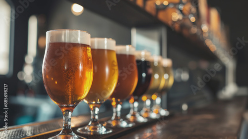 Row of various craft beers in glasses lined up on bar counter. Beers of different colors and frothy heads against blurred bar background, creating inviting atmosphere