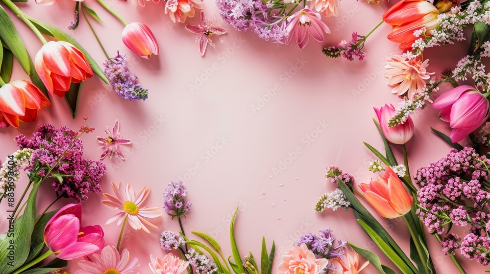 Beautiful flowers on a pink background. AI. Beautiful flowers on a pink background. AI.