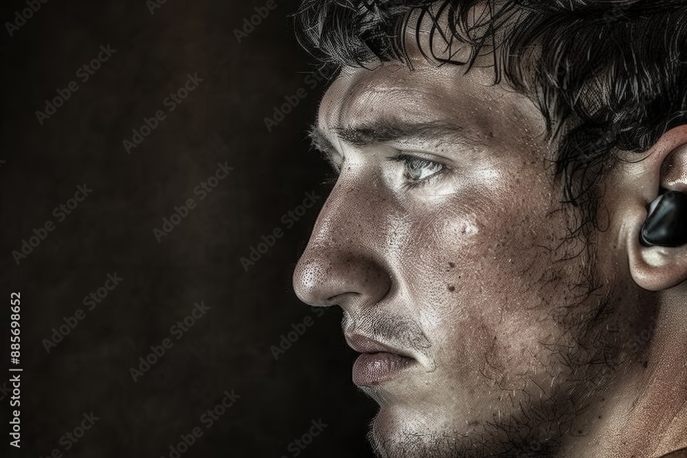 A young man wearing earplugs, his face turned away from the camera, contemplates the silence. His furrowed brow and determined gaze suggest a moment of intense focus. A young man wearing earplugs, his face turned away from the camera, contemplates the silence. His furrowed brow and determined gaze suggest a moment of intense focus.
