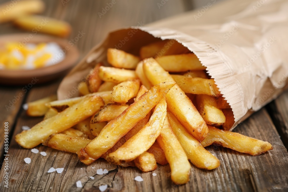 A paper bag filled with golden brown french fries sits on a wooden table, with some of the fries spilling out onto the surface. A paper bag filled with golden brown french fries sits on a wooden table, with some of the fries spilling out onto the surface.