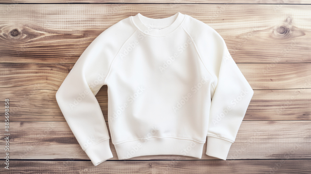 White sweatshirt laid out on wooden surface. Cozy and casual clothing item displayed flat for design presentation White sweatshirt laid out on wooden surface. Cozy and casual clothing item displayed flat for design presentation