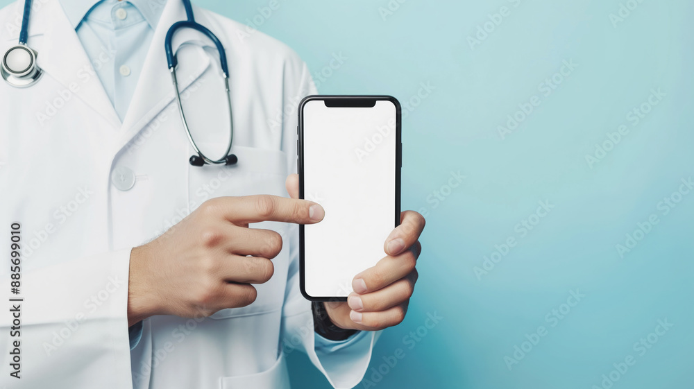 Doctor pointing at a smartphone with a blank screen against a teal background. Concept of digital healthcare, mobile technology, and professional medical services Doctor pointing at a smartphone with a blank screen against a teal background. Concept of digital healthcare, mobile technology, and professional medical services