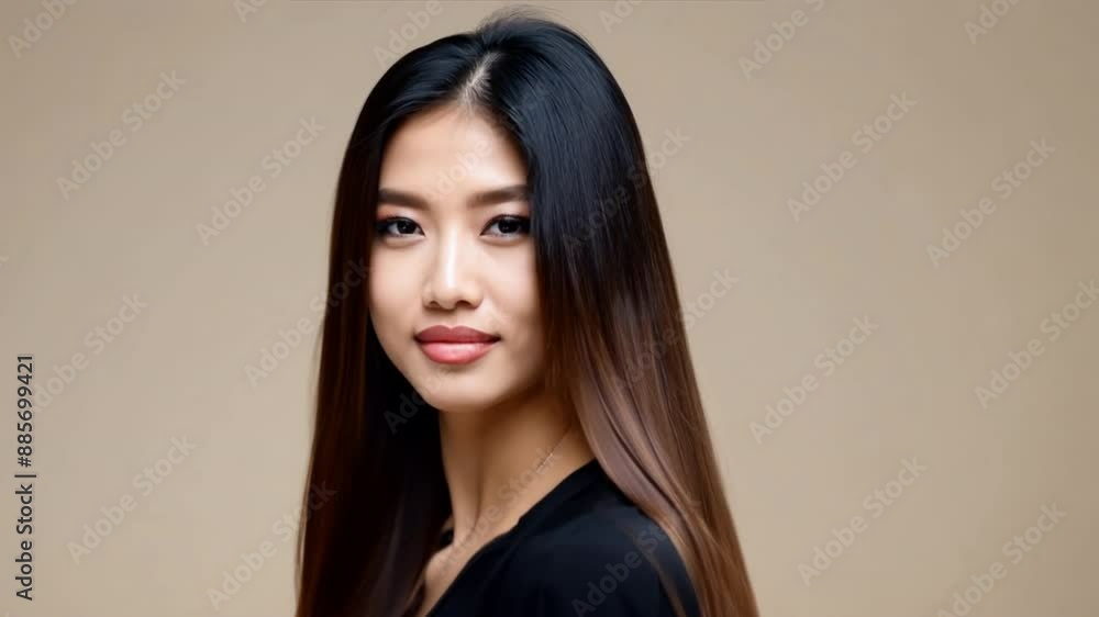 An Asian model with long, healthy hair standing confidently against a neutral backdrop. An Asian model with long, healthy hair standing confidently against a neutral backdrop.