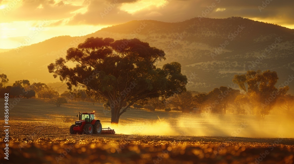 Fototapeta premium A farmer drives a tractor through a golden field at sunset. AI.