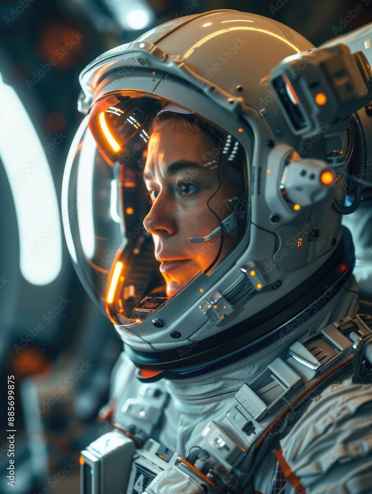 Fototapeta premium Astronaut gazing out of spacecraft window, possibly thinking about mission or exploring new planet