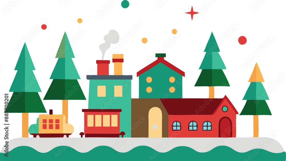 Colorful flat design illustration of a winter village with snow-covered houses, trees, and a train, creating a festive holiday atmosphere. Colorful flat design illustration of a winter village with snow-covered houses, trees, and a train, creating a festive holiday atmosphere.