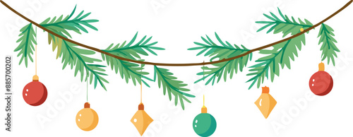 Illustration of a festive Christmas garland featuring colorful ornaments and green pine branches, perfect for holiday decor and celebrations.