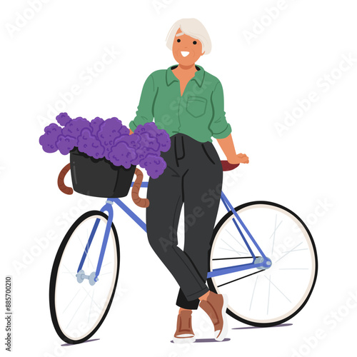 Cheerful Mature Woman Standing With A Bicycle That Has A Basket Full Of Purple Flowers. Senior Character In Relaxed Pose