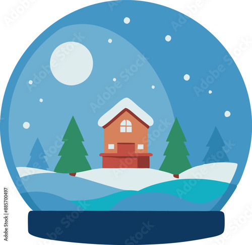 Illustration featuring a snow globe with a winter house, trees, and a snowy landscape. Perfect for holiday and Christmas themed designs.