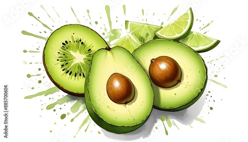 Watercolor painting of kiwi, lime, and avocado slices on the white background AI Generated