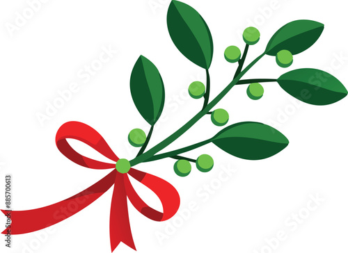 Illustration of a festive mistletoe branch adorned with a red ribbon, perfect for Christmas and holiday decoration.