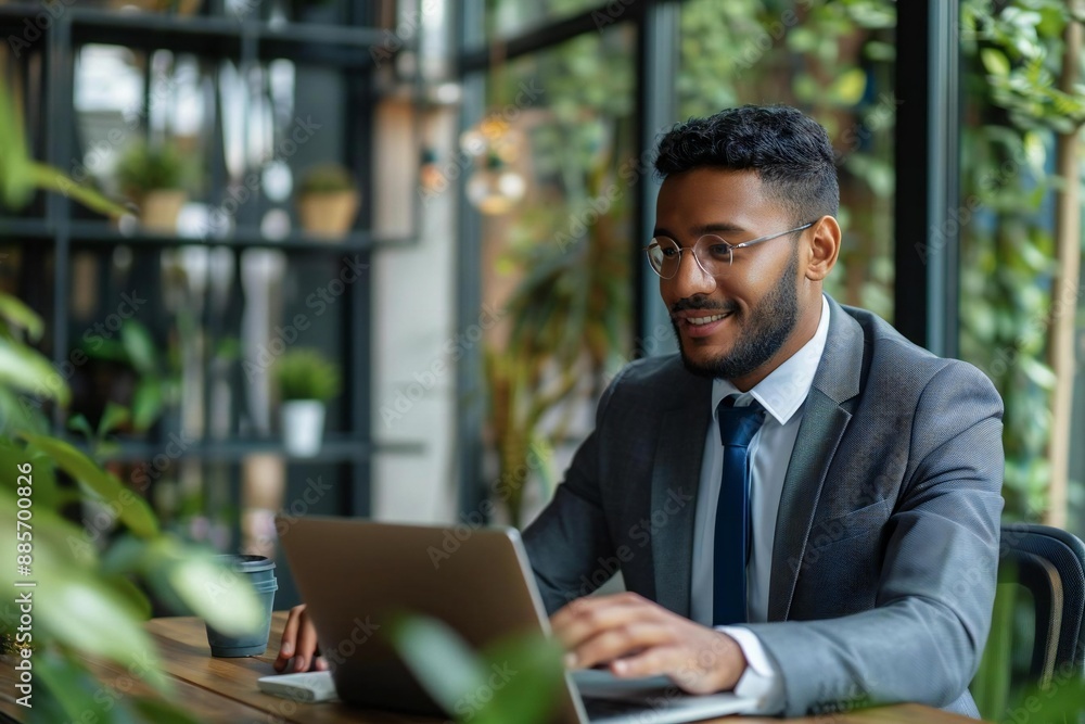 young businessman video conferencing with a colleague on a laptop at his office desk. young businessman video conferencing with a colleague on a laptop at his office desk.
