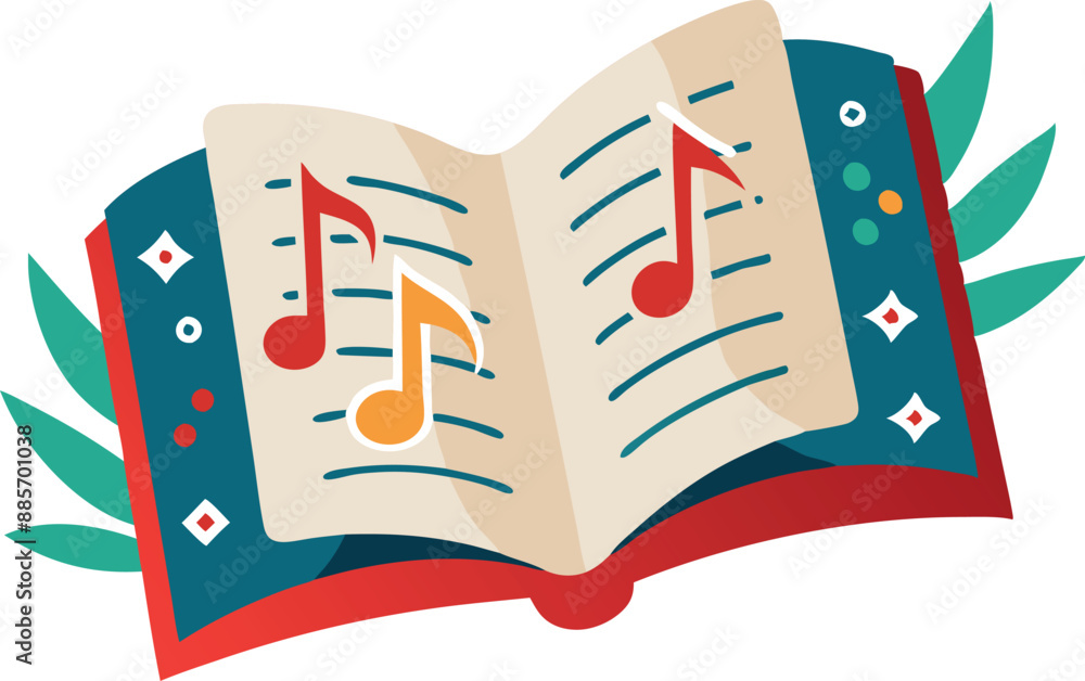 Illustration of a colorful open book with musical notes, symbolizing melody, music education, creativity, and artistic expression. Illustration of a colorful open book with musical notes, symbolizing melody, music education, creativity, and artistic expression.