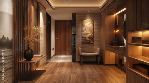 The interior of the modern entrance hall, decorated with warm wood, exudes coziness and elegance. 