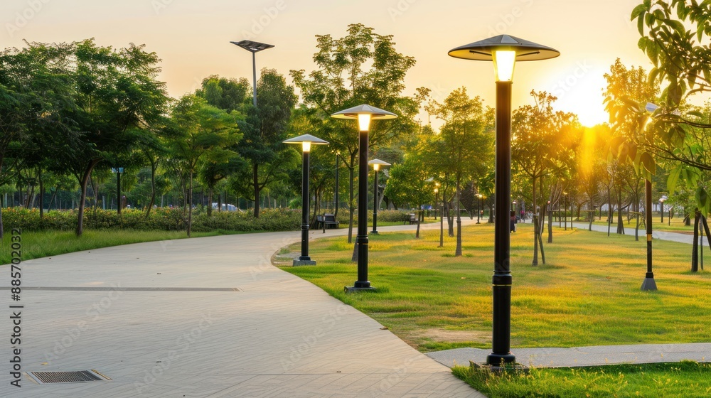 Park Path at Sunset with Street Lights Park Path at Sunset with Street Lights
