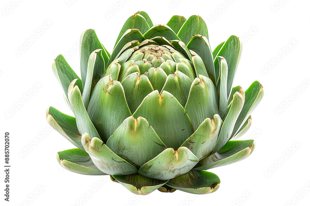 Green artichoke with a purple base is isolated on a white background. Green artichoke with a purple base is isolated on a white background.