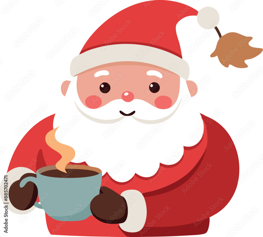 Cute Santa Claus illustration holding a cup of hot drink. Perfect for Christmas themed designs, holiday cards, and seasonal promotions. Cute Santa Claus illustration holding a cup of hot drink. Perfect for Christmas themed designs, holiday cards, and seasonal promotions.