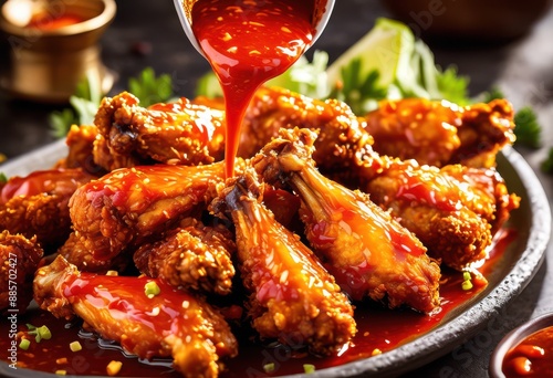 drizzling hot sauce over chicken spicy food preparation spicy sauce crispy poultry meat, wings, cooking, appetizer, flavor, delicious, seasoning, flavorful