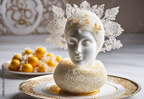 elegant spun sugar nest dessert garnish exquisite culinary presentation, delicate, sweet, decorative, intricate, beautiful, handmade, artistic, fine, detail photo