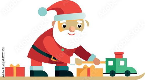 A festive illustration of Santa Claus placing gifts around a toy train, symbolizing holiday joy and celebration.
