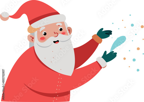 Illustration of a joyful Santa Claus character spreading magic snowflakes, perfect for festive Christmas themes and holiday celebrations. photo