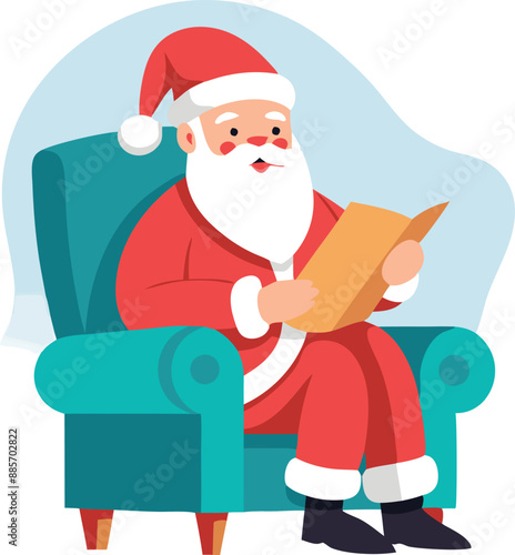 Vector illustration of Santa Claus reading a letter while sitting on a blue chair. Christmas and holiday-themed design.