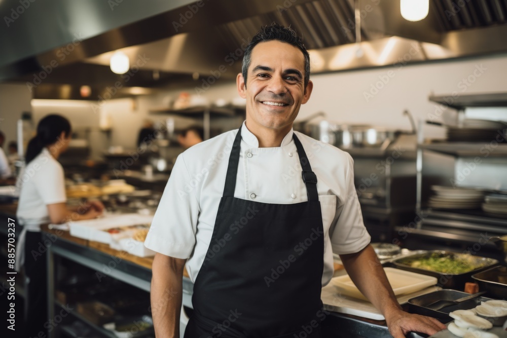 Fototapeta premium Portrait of a smiling hispanic male chef in kitchen