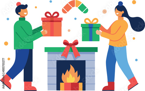 Illustration of friends exchanging gifts by the fireplace with Christmas decor. Vibrant colors and cheerful atmosphere.