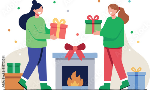 Two friends exchanging wrapped gifts in front of a cozy fireplace, celebrating Christmas together with joy and festive cheer.