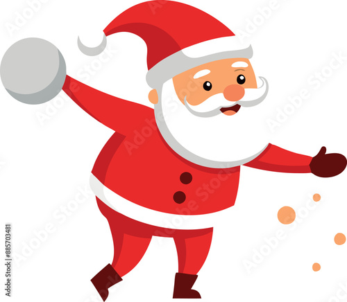 Illustration of a cheerful cartoon Santa Claus throwing a snowball during the winter holiday season.