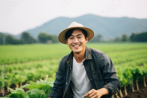 Portrait of a young male Asian farmer on field