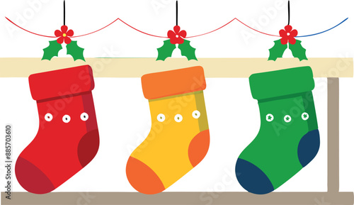 Colorful Christmas stockings in red, yellow, and green hanging on a mantel adorned with holly and berries for the festive season.