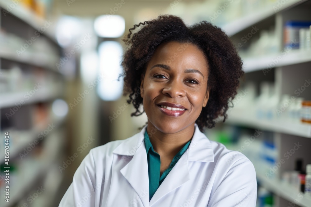Smiling portrait of a middle aged female pharmacist in pharmacy Smiling portrait of a middle aged female pharmacist in pharmacy