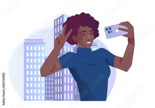 Social media user. Happy smiling girl holding smartphone and taking selfie or photo for social networks. Character with internet addiction. Cartoon vector illustration isolated on white background