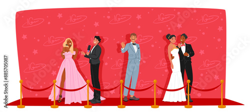 Elegant Red Carpet Event With Glamorous Attendees Posing And Interacting. Vector Scene Evokes Feelings Of Celebration