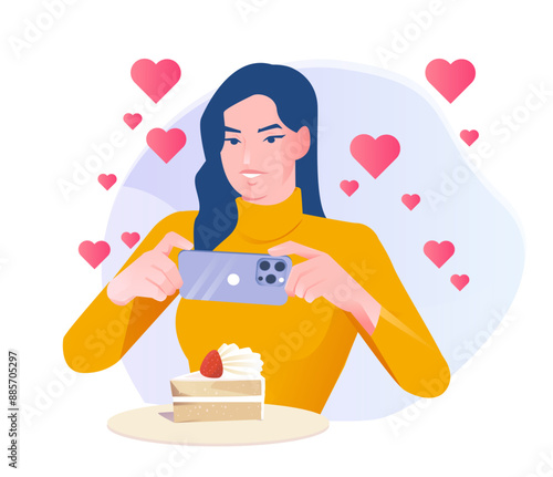 Social media user. Woman blogger takes photo of beautiful cake on smartphone. Character with internet addiction creates content for social networks. Cartoon vector illustration isolated on background