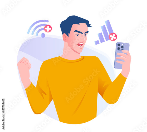 Social media user. Man holding smartphone and angry about lack of network connection. Disgruntled character with Internet addiction. Cartoon vector illustration isolated on white background